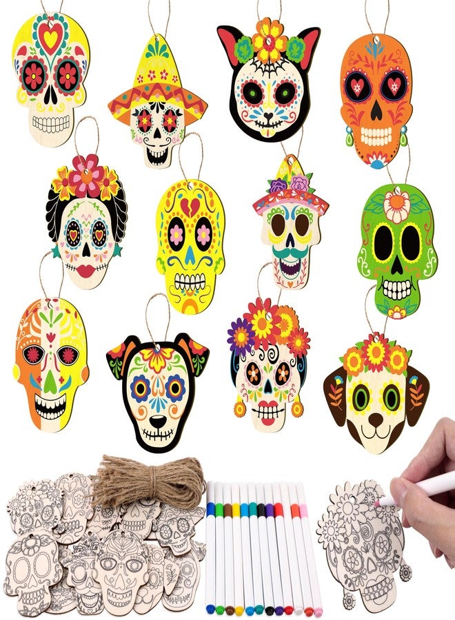 Eternity sky 72PCS Day of The Dead Wooden Craft Kit DIY Sugar Skull Dia De Los Muertos Halloween Hanging Decor with Coloring Pen Rope - Image 1